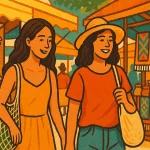 Two women are walking around the local market looking at carpets, fruits, and enjoying the atmosphere.