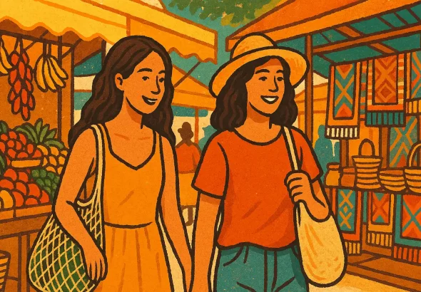 Two women are walking around the local market looking at carpets, fruits, and enjoying the atmosphere.