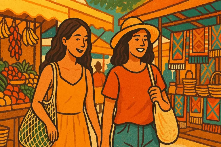 Two women are walking around the local market looking at carpets, fruits, and enjoying the atmosphere.