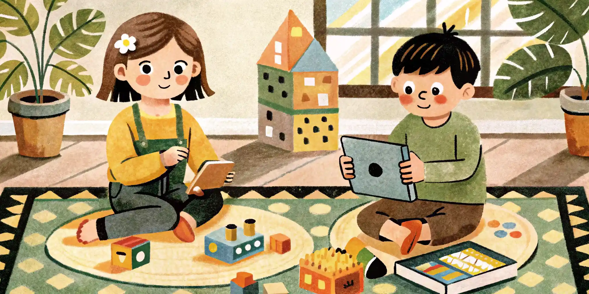 a girl is playing a construction kit sitting on a carpet, and a boy is sitting next to her and playing with a tablet