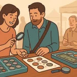 A couple observing coins at the flea market.