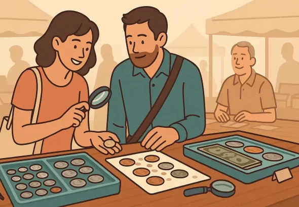 A couple observing coins at the flea market.