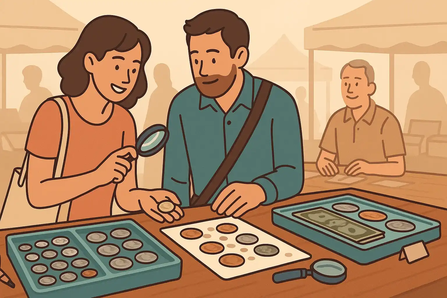  A couple observing coins at the flea market.