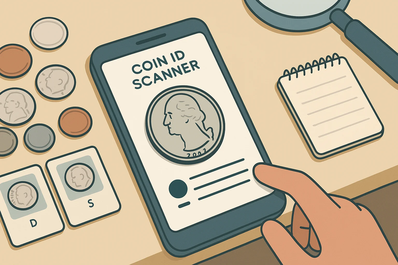 A hand tapping on a coin profile in Coin ID Scanner.