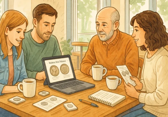 A meetup of local coin enthusiasts in the cafe.