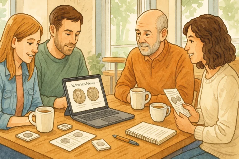 A meetup of local coin enthusiasts in the cafe.