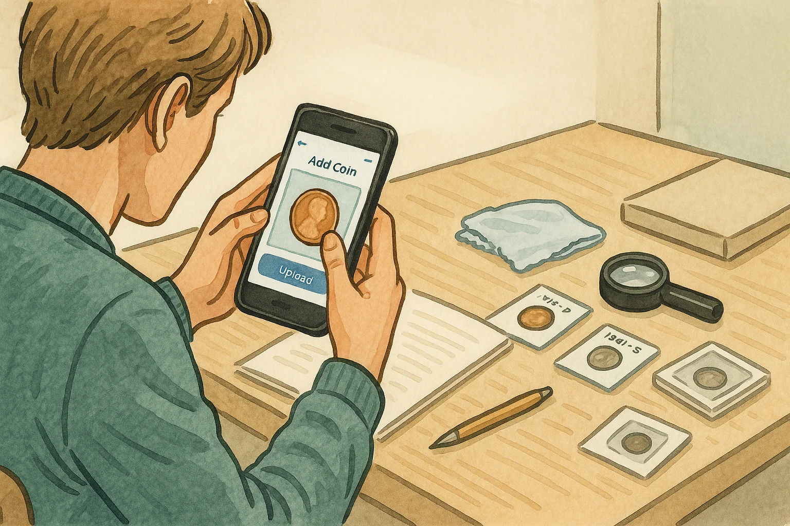 A numismatist adds a scanned coin to his virtual collection catalog.
